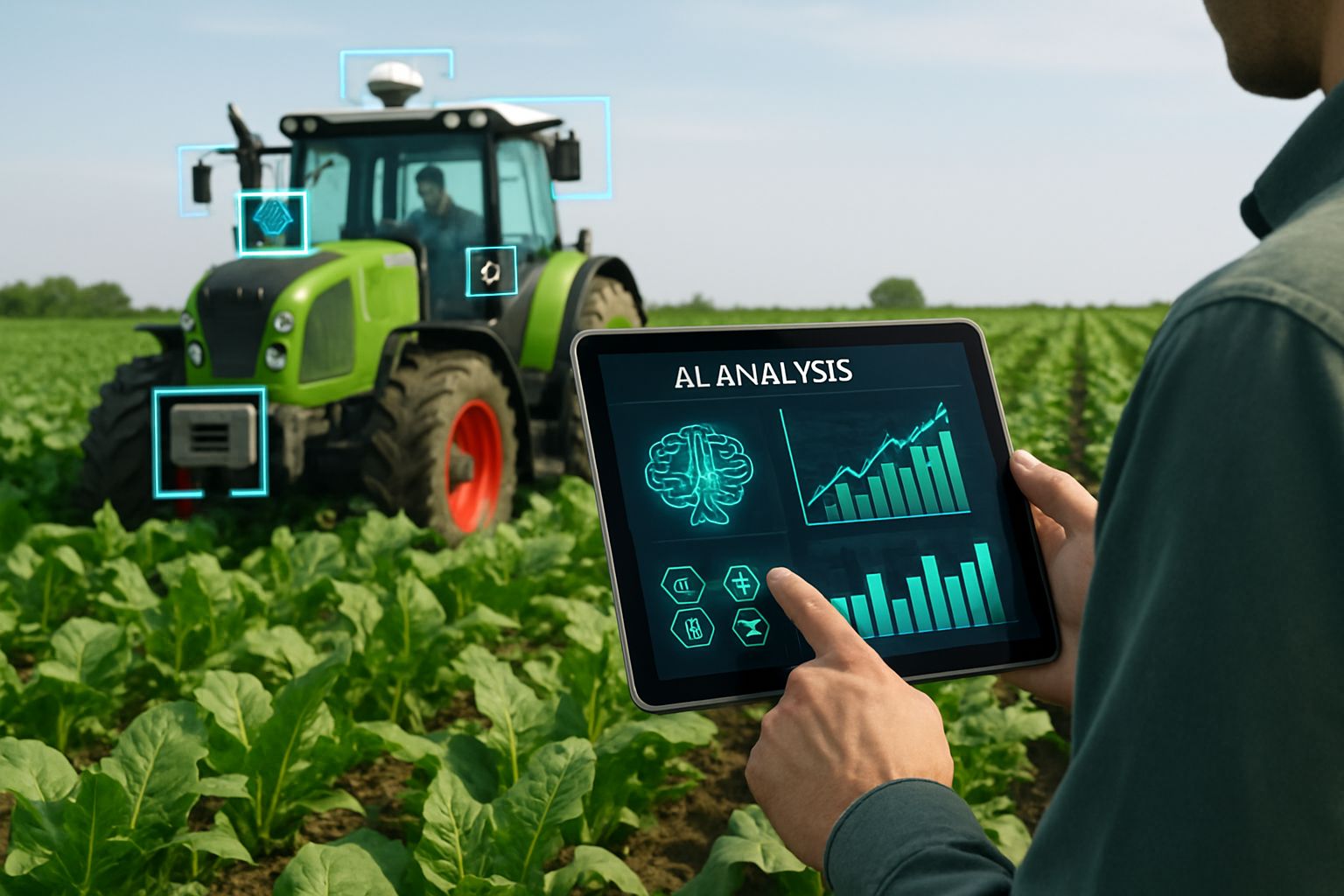 AI Strategy applied in agtech field with smart tractor and technician monitoring data.