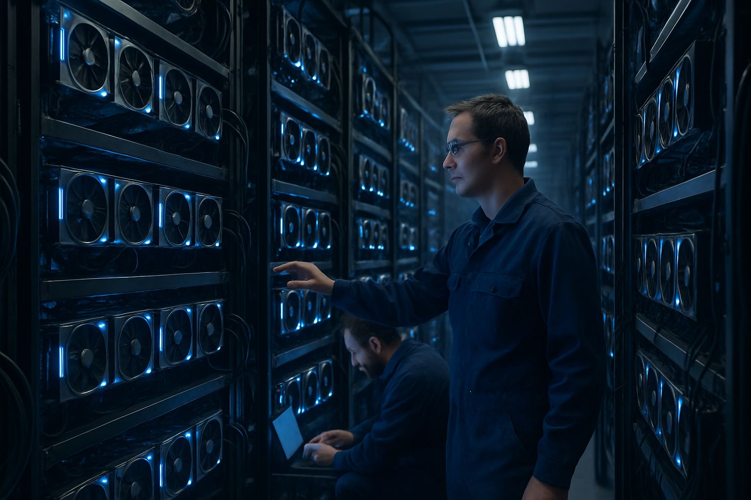 Model Scaling Engineering infrastructure with powerful GPUs and engineers at work