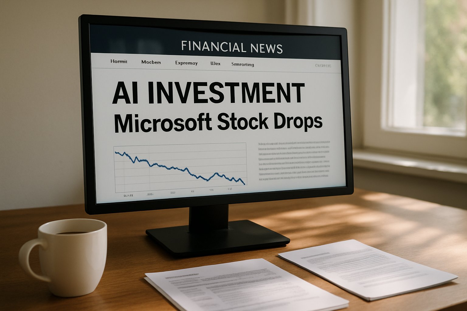 Monitor shows news on AI Investment and Microsoft stock fall