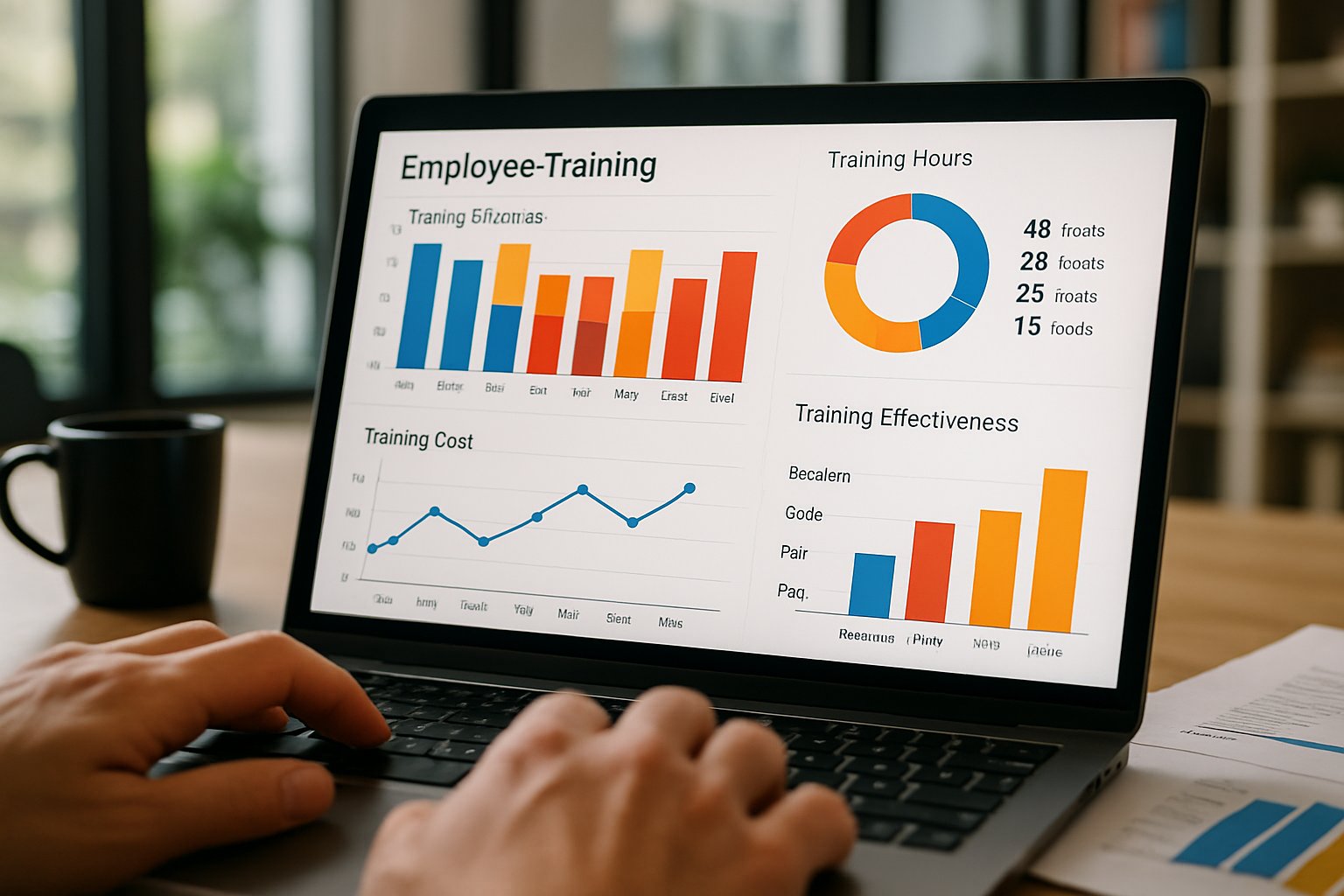 Person interacting with AI Learning & Development analytics dashboard on a laptop.