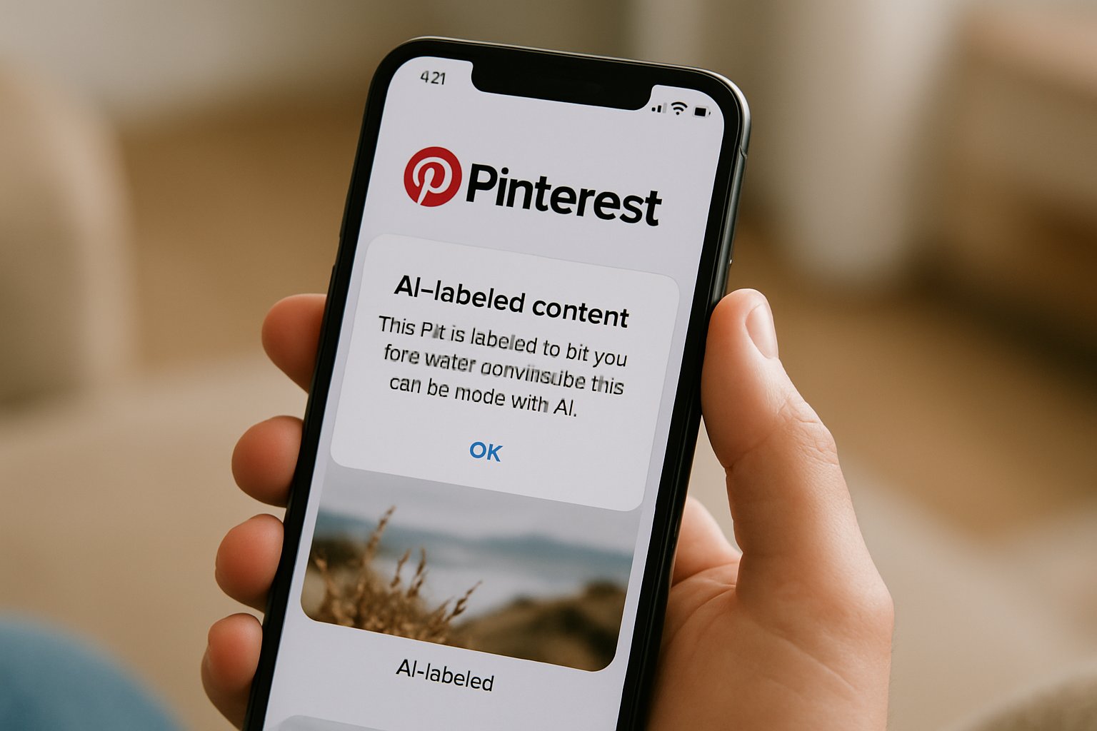 User receives AI-label notification, highlighting Platform Integrity concerns on Pinterest.