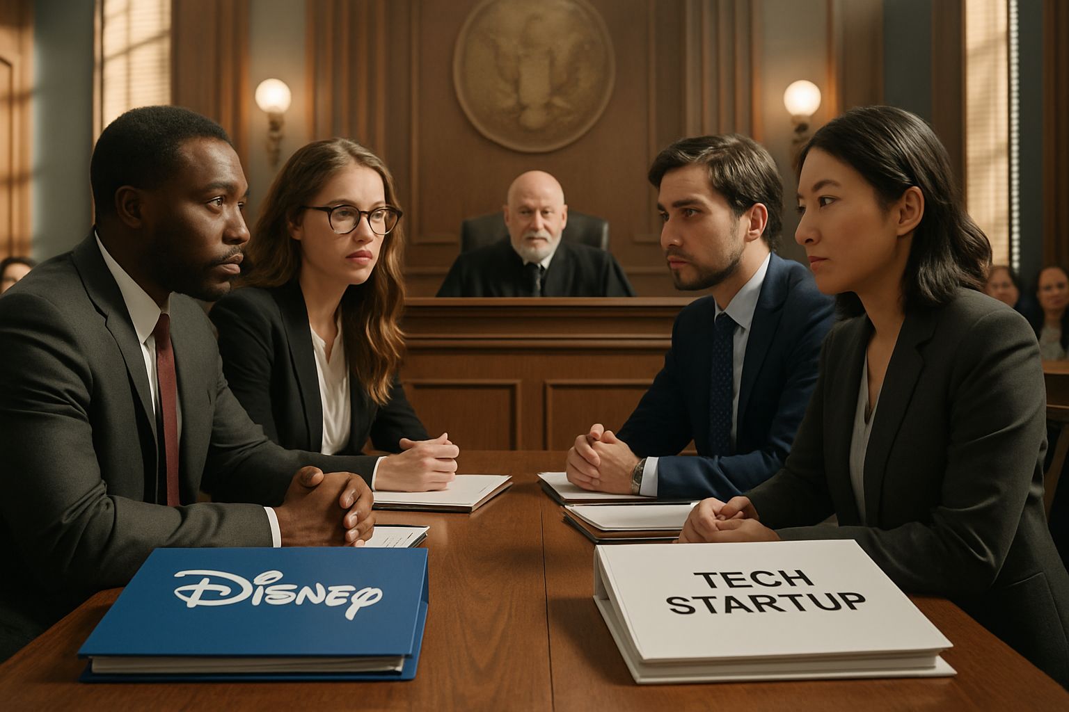 AI Legal trial with Disney and Midjourney legal teams in a realistic courtroom.