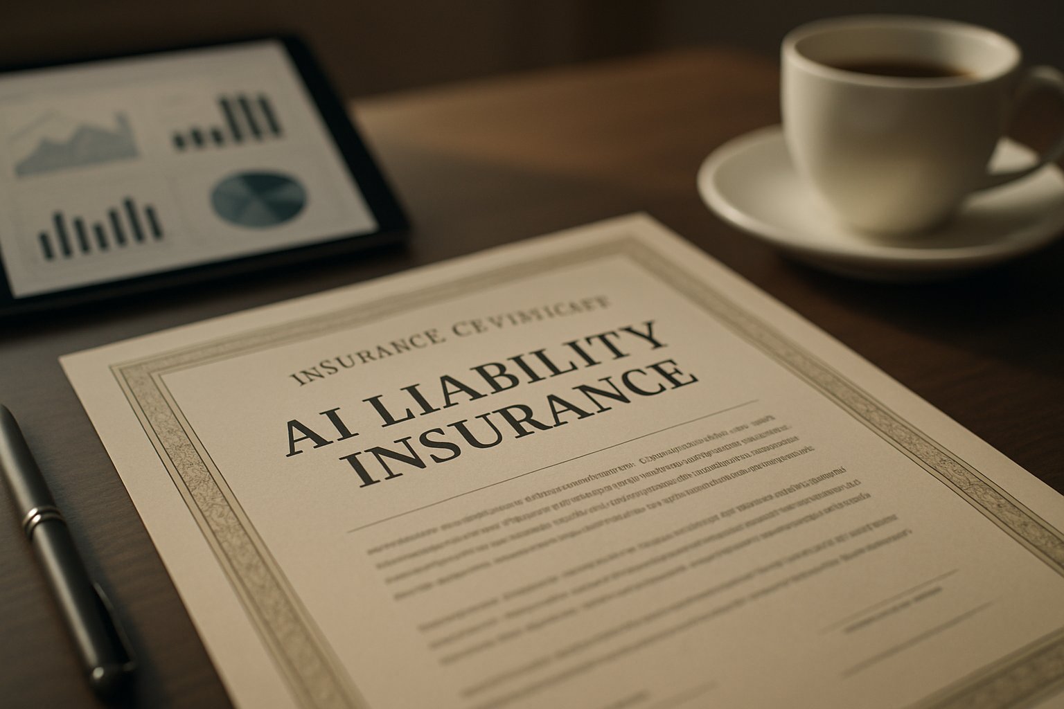 AI Liability Insurance certificate on a business desk with analytics and documents.