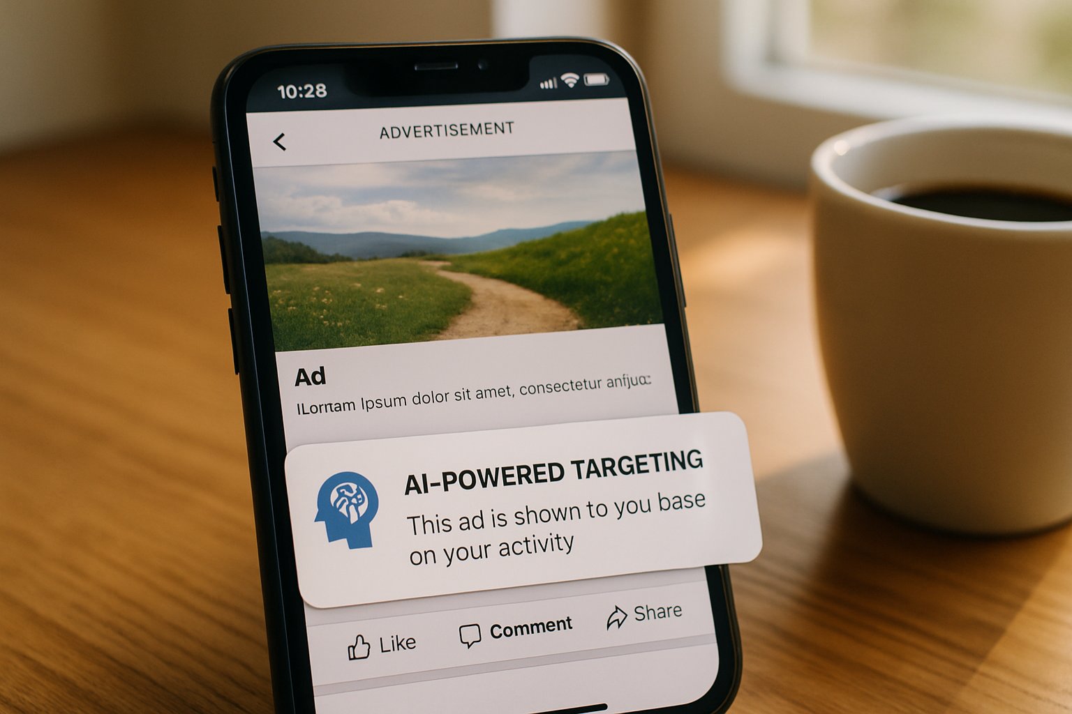 AI Marketing ad displayed on smartphone in natural work setting.