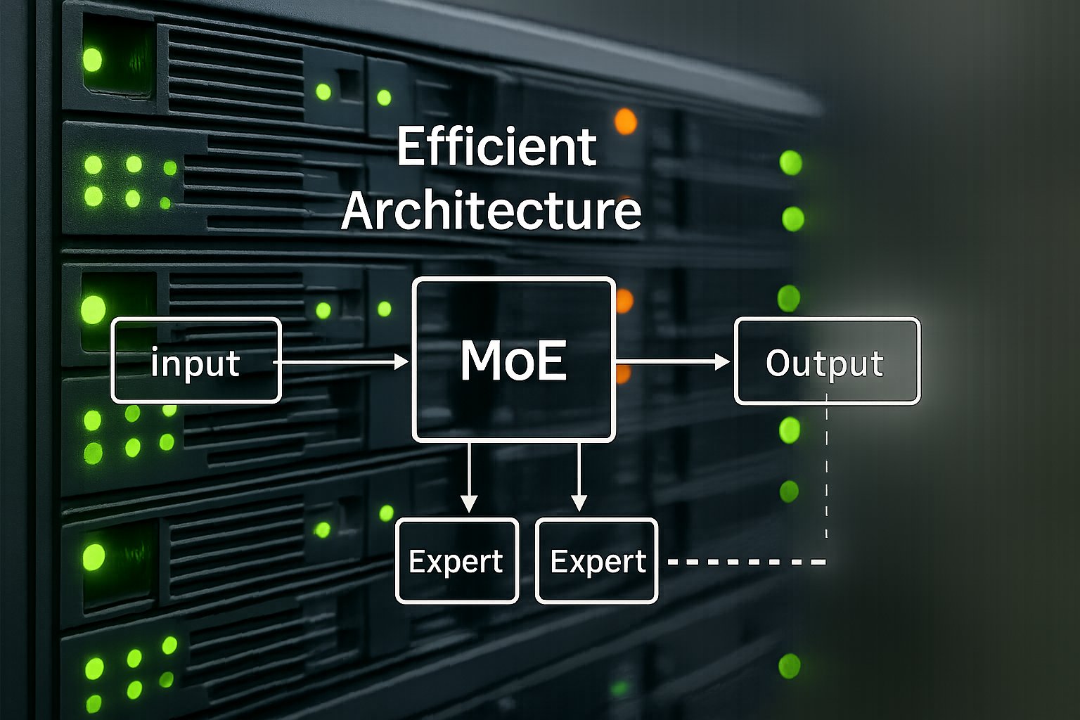 Efficient Architecture MoE diagram on modern server rack background.
