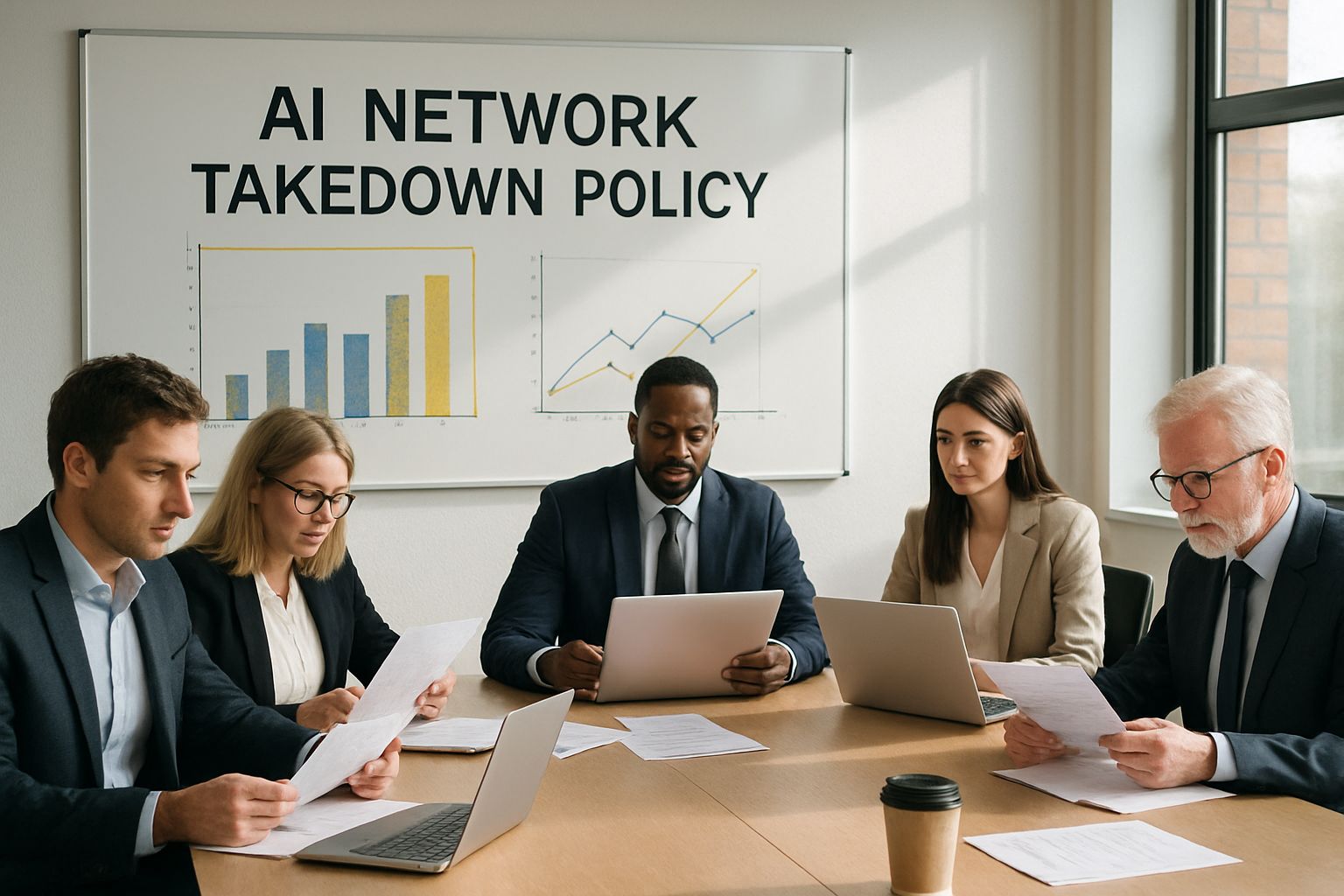 Business team discusses AI Network takedown policy in realistic office meeting.