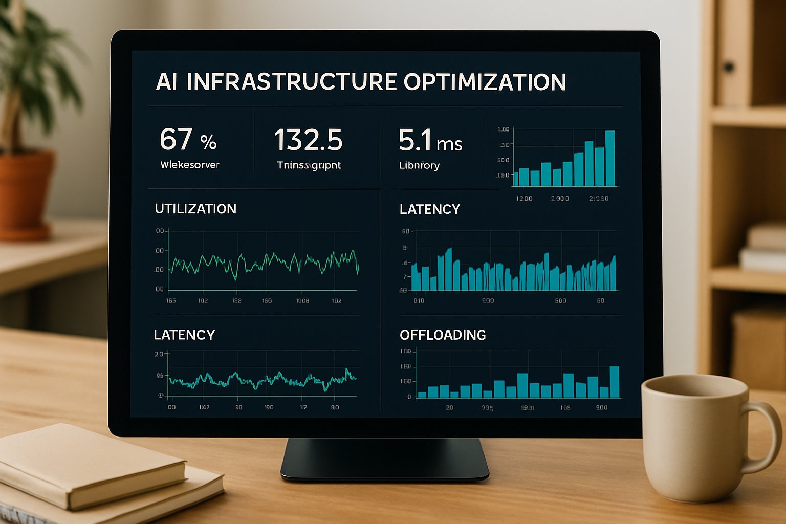 Dashboard showing AI Infrastructure Optimization metrics in a realistic office environment