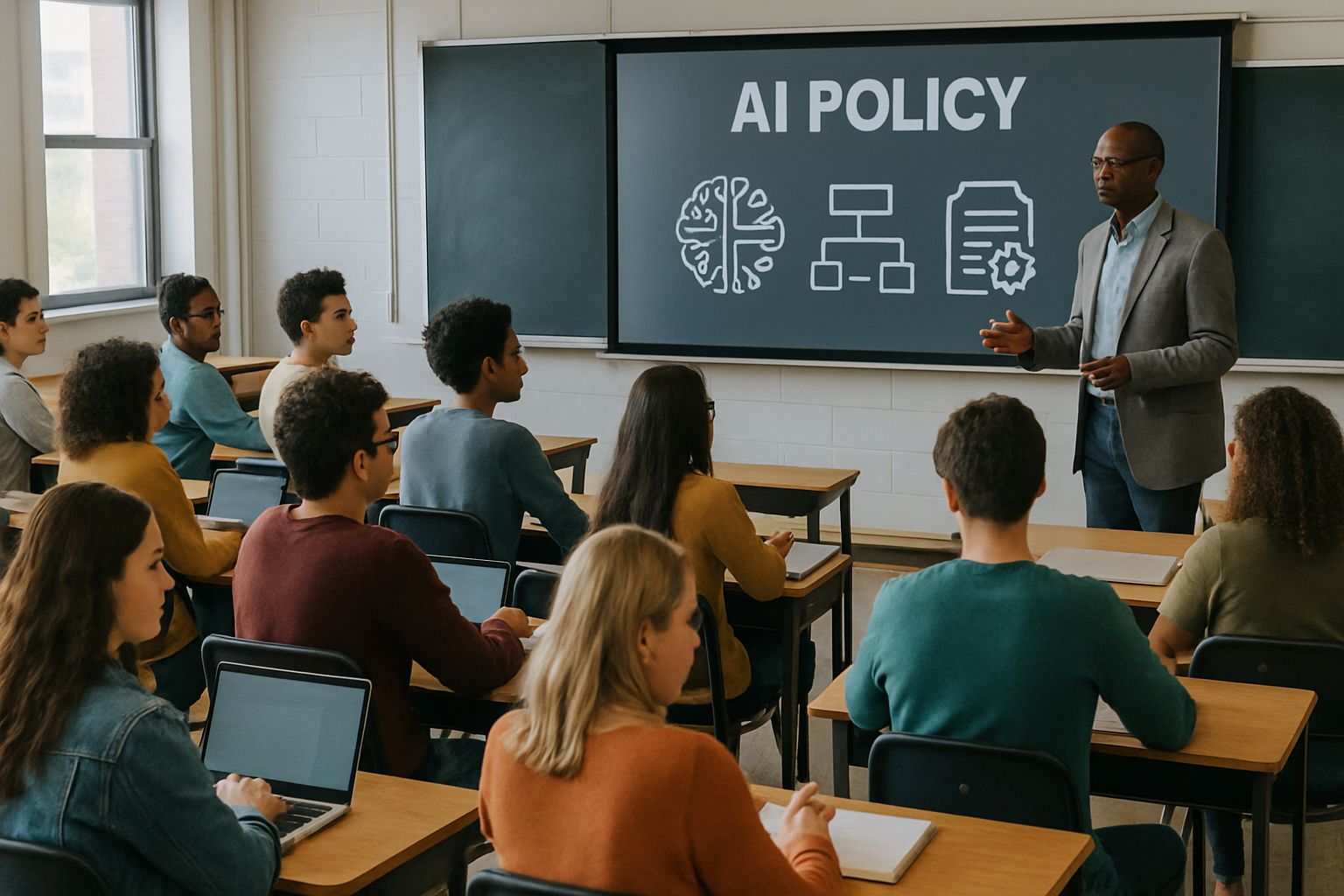 University students and professor analyzing recent changes in AI Policy.