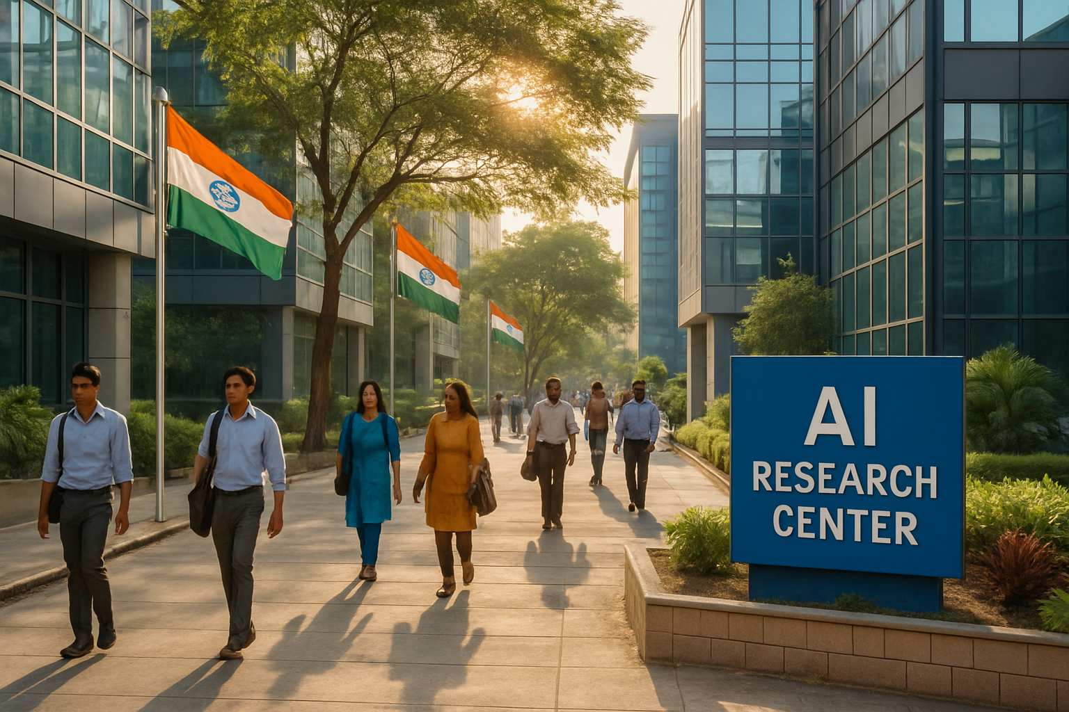 Indian technology campus with AI Research Center showing National AI Policy progress.