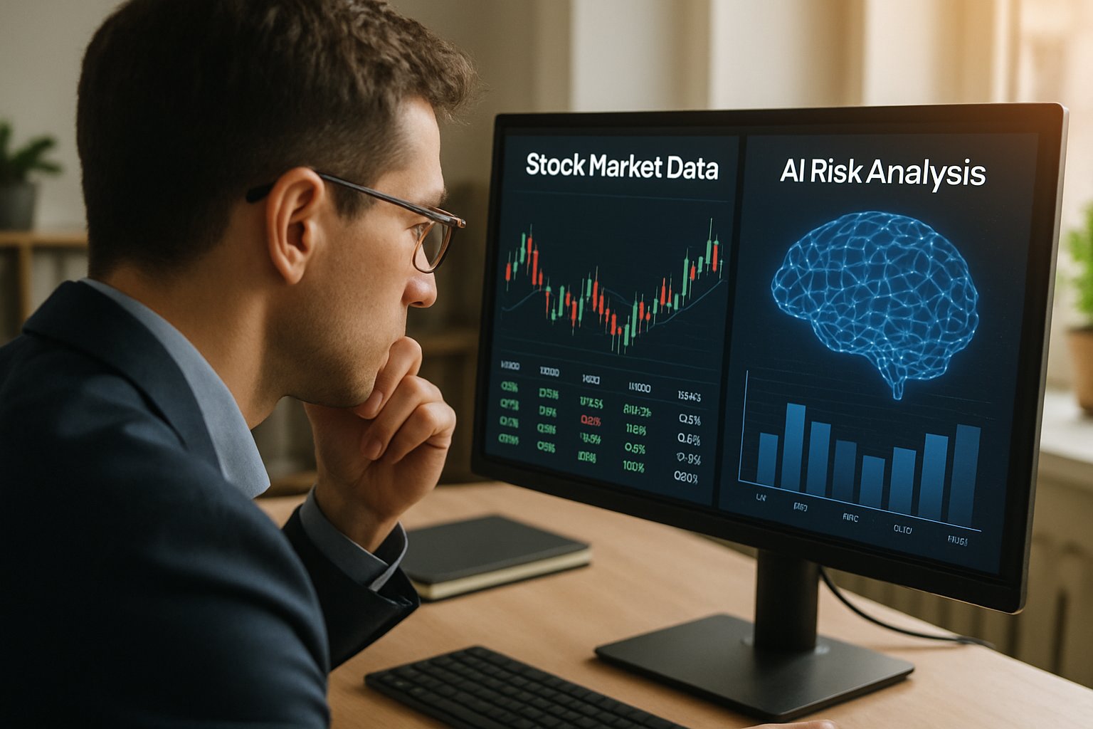 Financial Sector analyst reviewing AI risk data on computer screen.