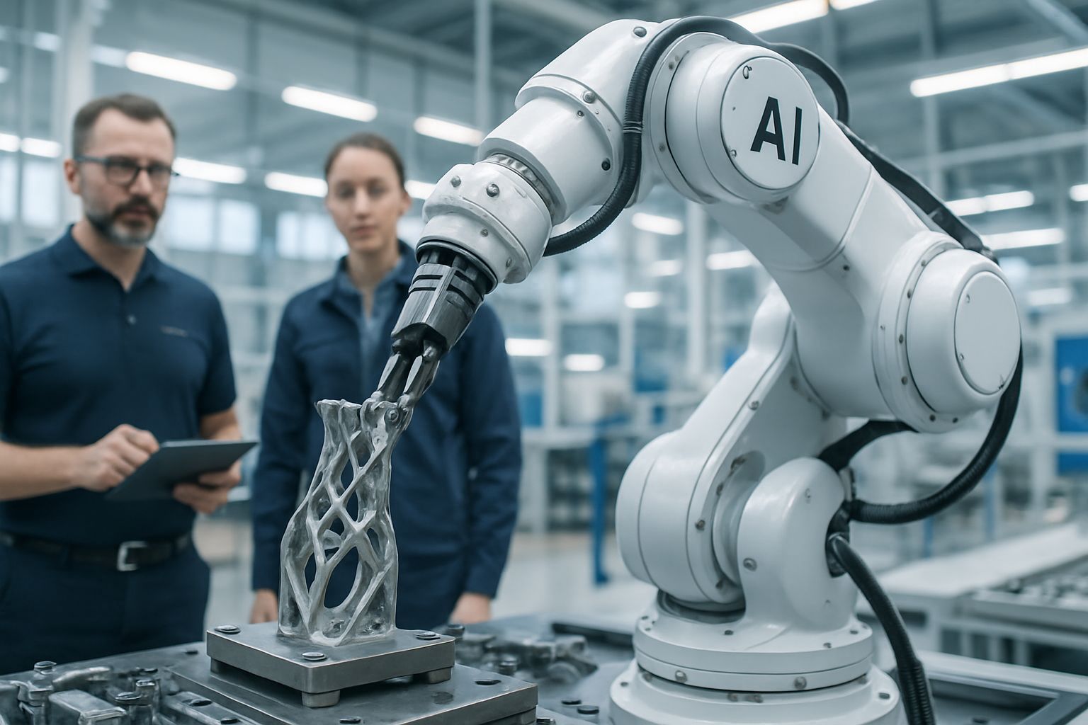 Robotic arm and engineers in AI-driven Hardware Manufacturing facility.