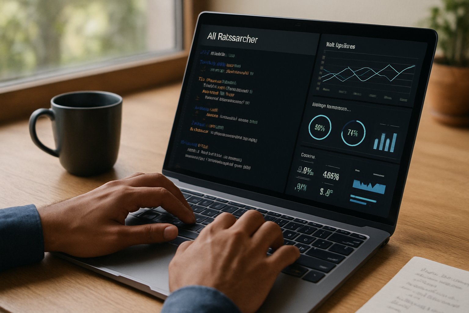 AI Researcher analyzing code and risk parameters for AI safety on laptop.