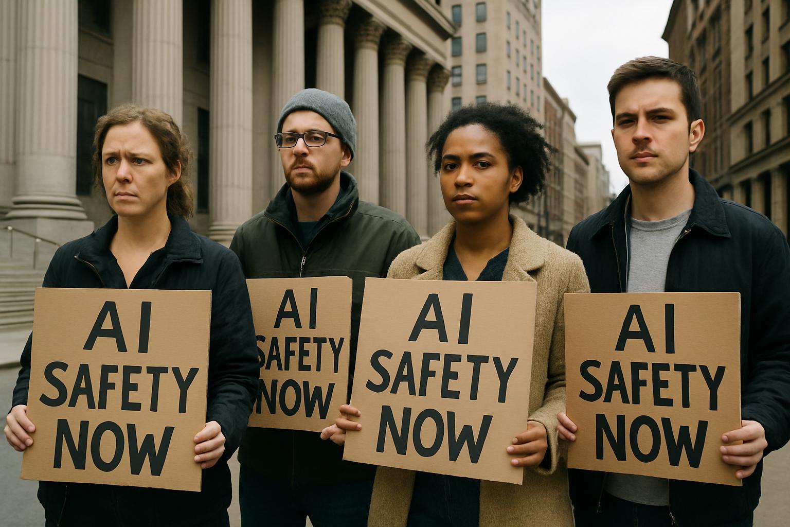 Demonstrators gather for AI Safety awareness outside a courthouse during legal proceedings.