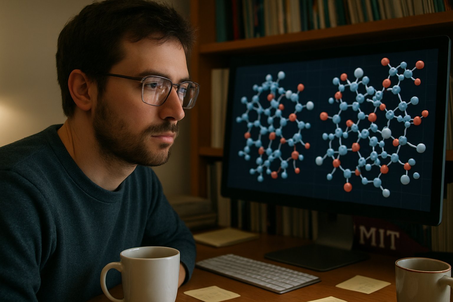 Scientist analyzing molecular models with AI Science technology.