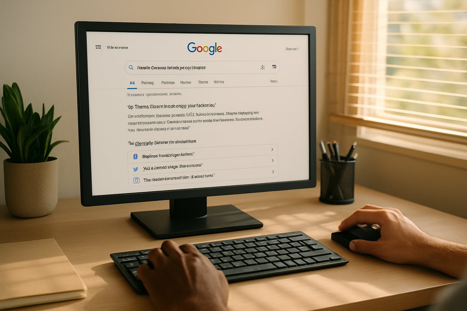 Office workstation with AI Search follow-up prompts visible on monitor