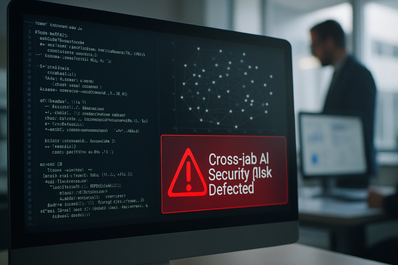 Computer screen shows Cross-lab AI Security Risk warning and network analysis.