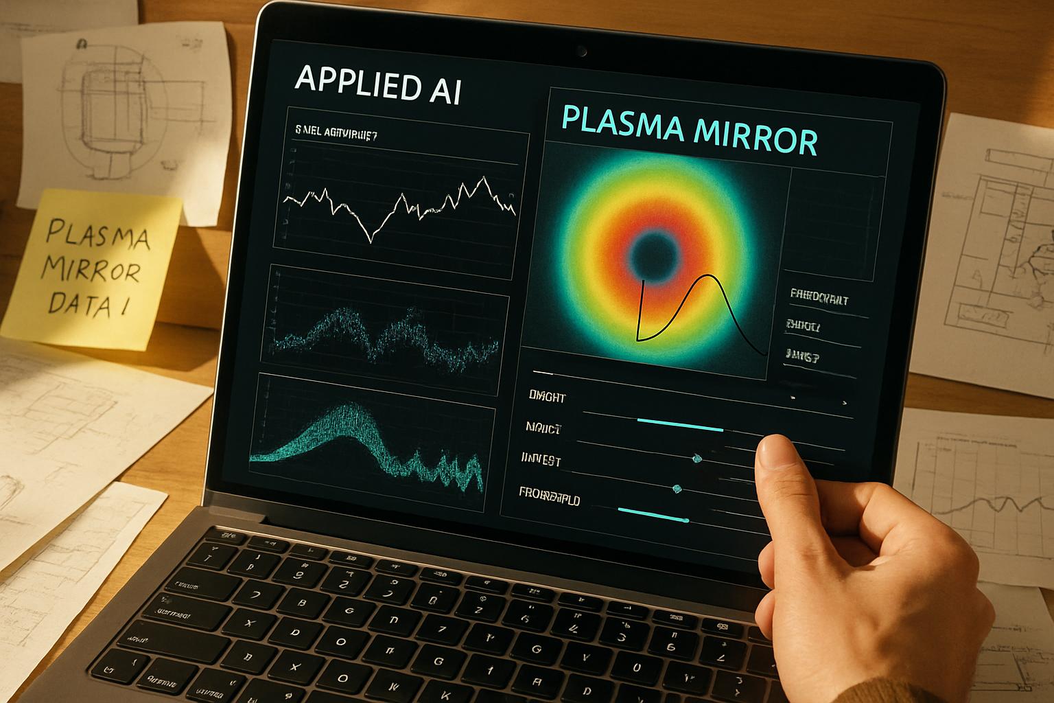 Applied AI software optimizing plasma mirror parameters on engineer's computer.