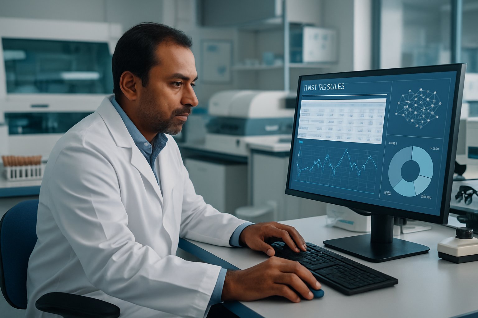 AI Healthcare suite used by laboratory technician for automated medical analysis.