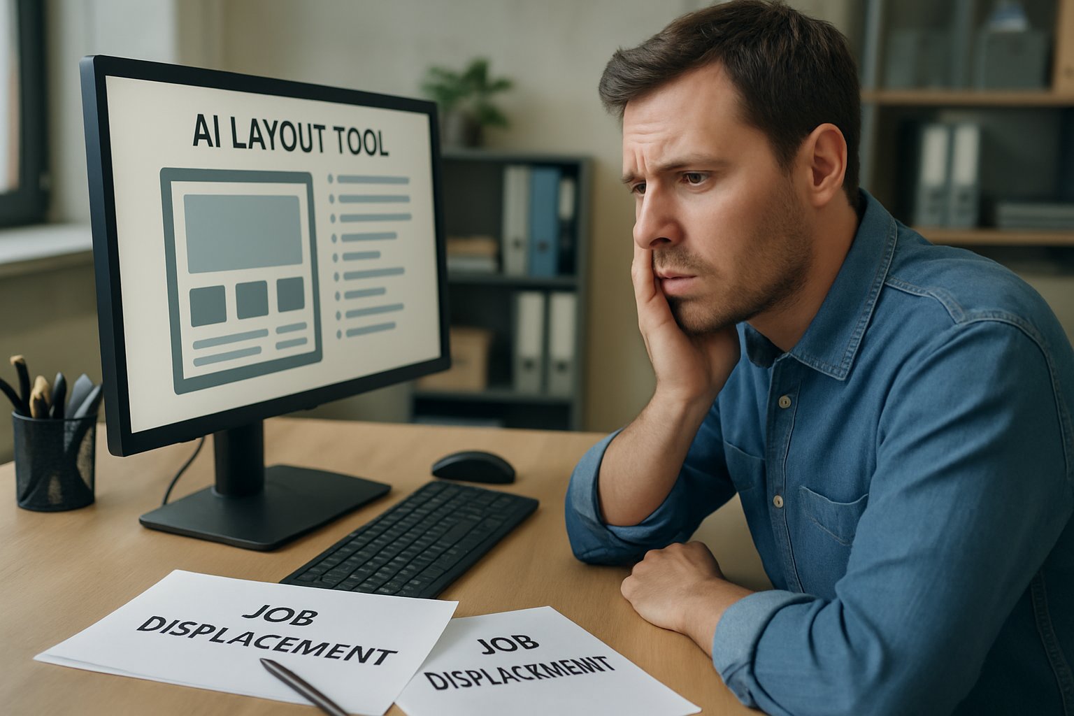 Concerned designer faces Design Job Displacement using AI layout tools in office.