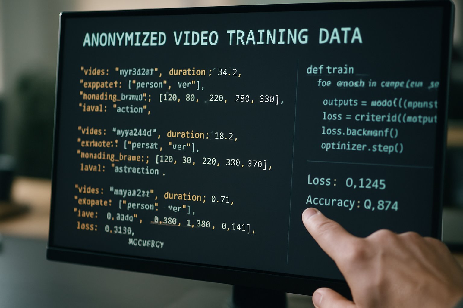Analyzing AI Video Training data on computer screen in tech setting