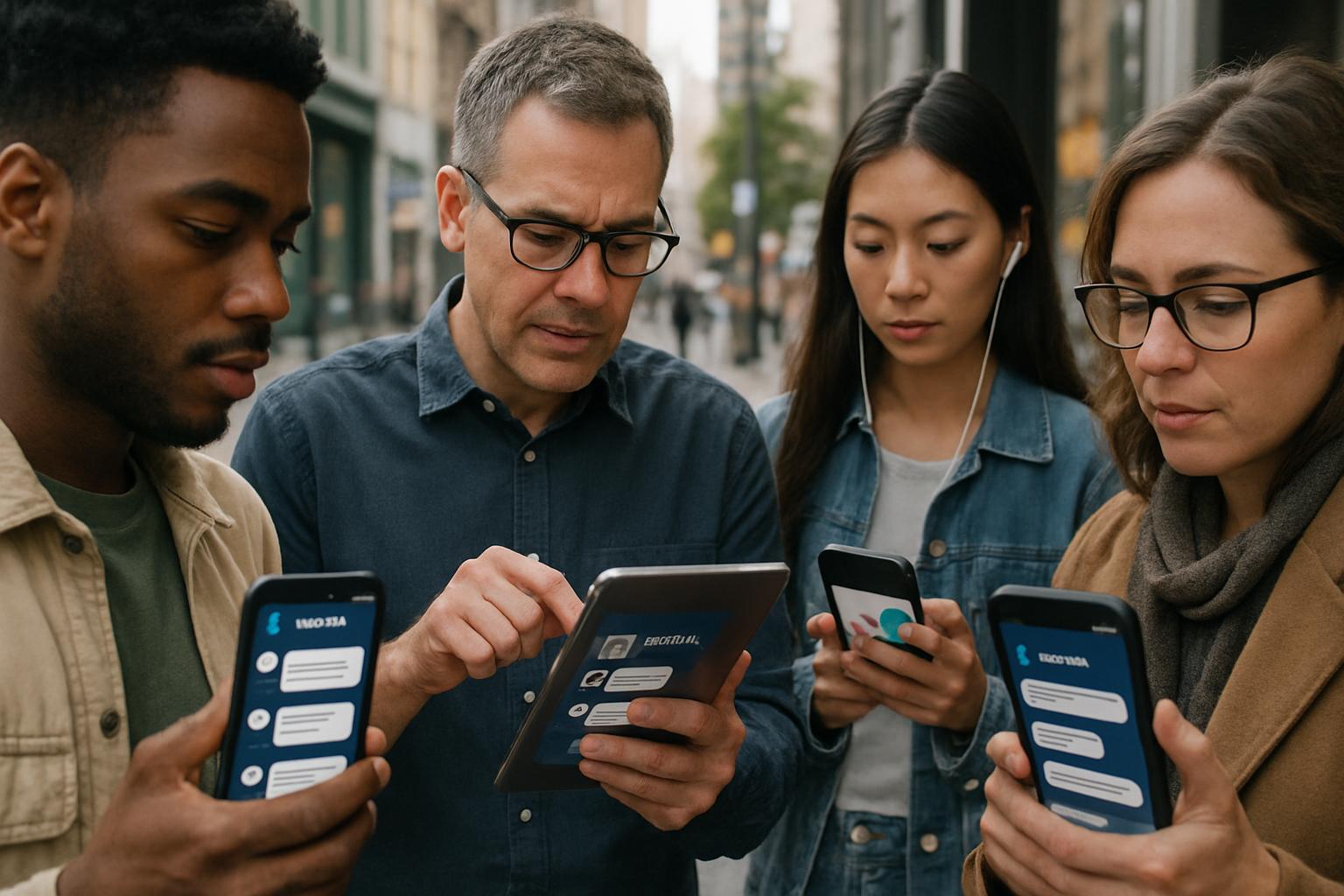 Urban crowd using devices reflecting market adoption of AI