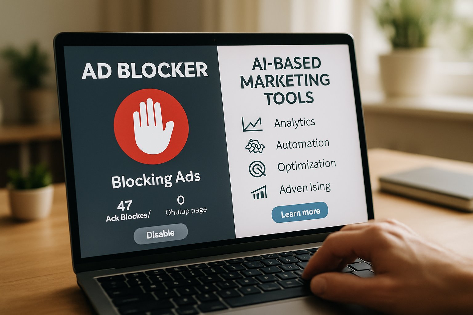 Aggressive AI Marketing tools displayed next to active ad blocker on laptop screen.