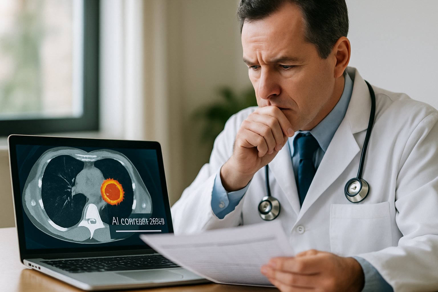 Doctor hesitates while viewing AI Automation Bias risk on tumor detection tool.