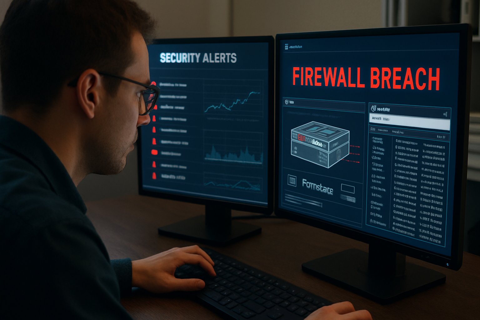 Firewall Breach AI targeting FortiGate displayed on analyst's monitors
