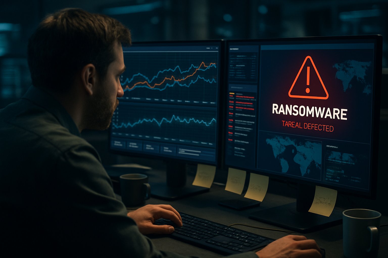 Malware Campaign investigation by cybersecurity analyst in natural office setting.