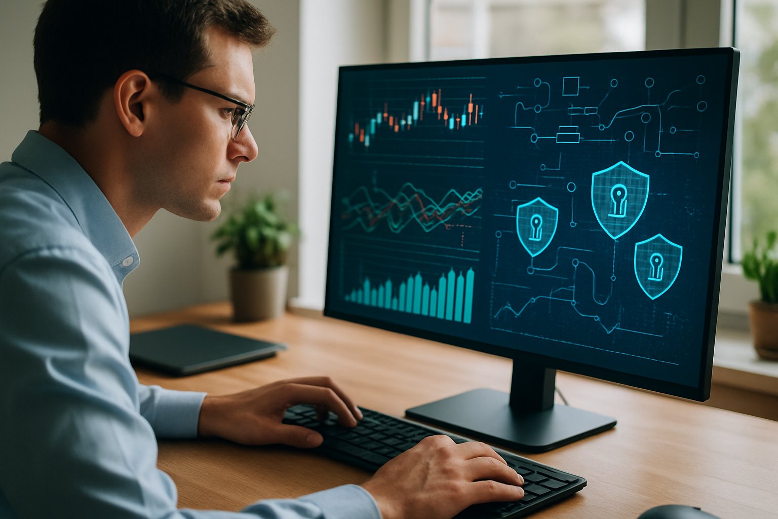 Financial analyst working with Algorithmic Management tools on secure data systems.