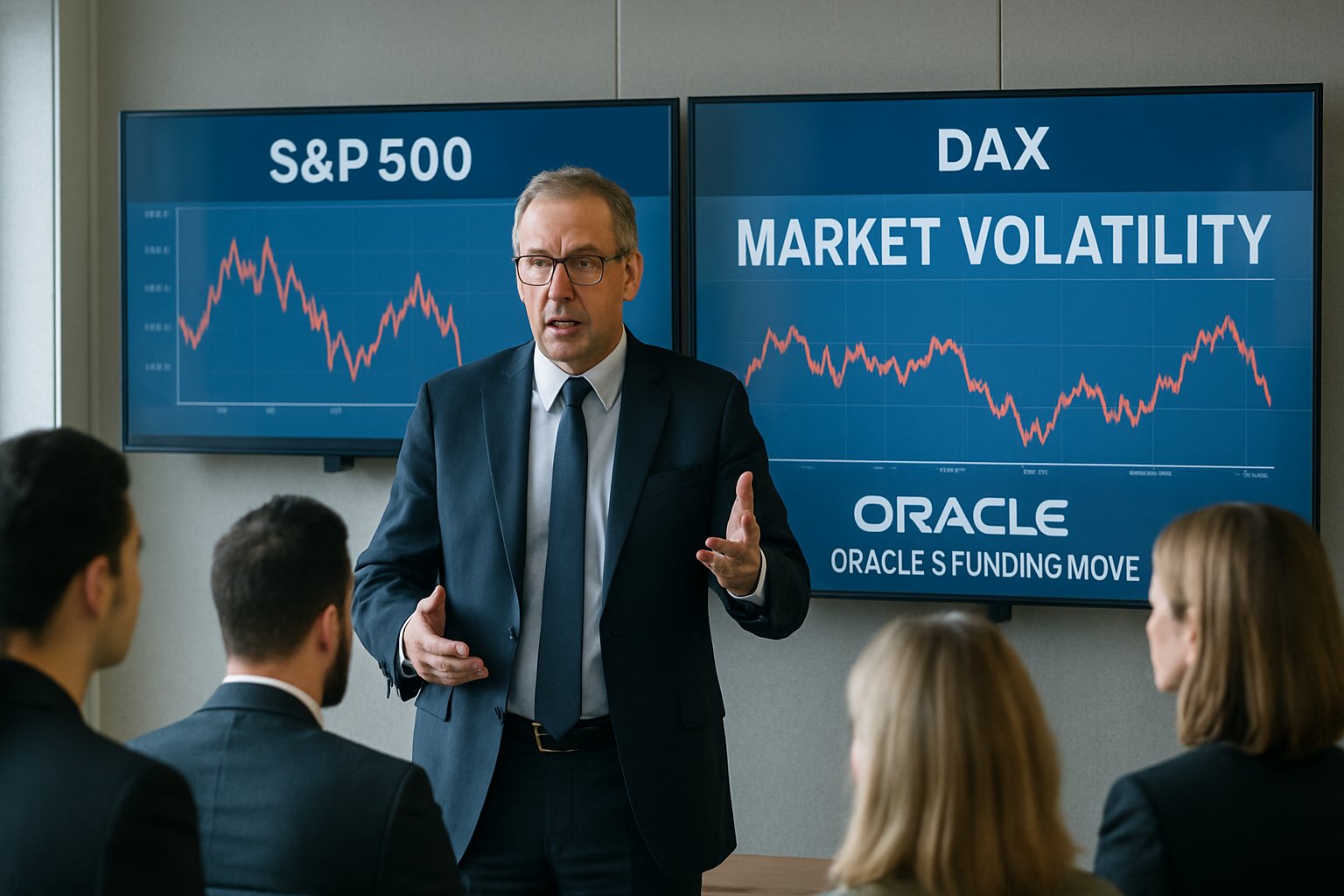 Market Volatility discussed at financial briefing on Oracle funding news.