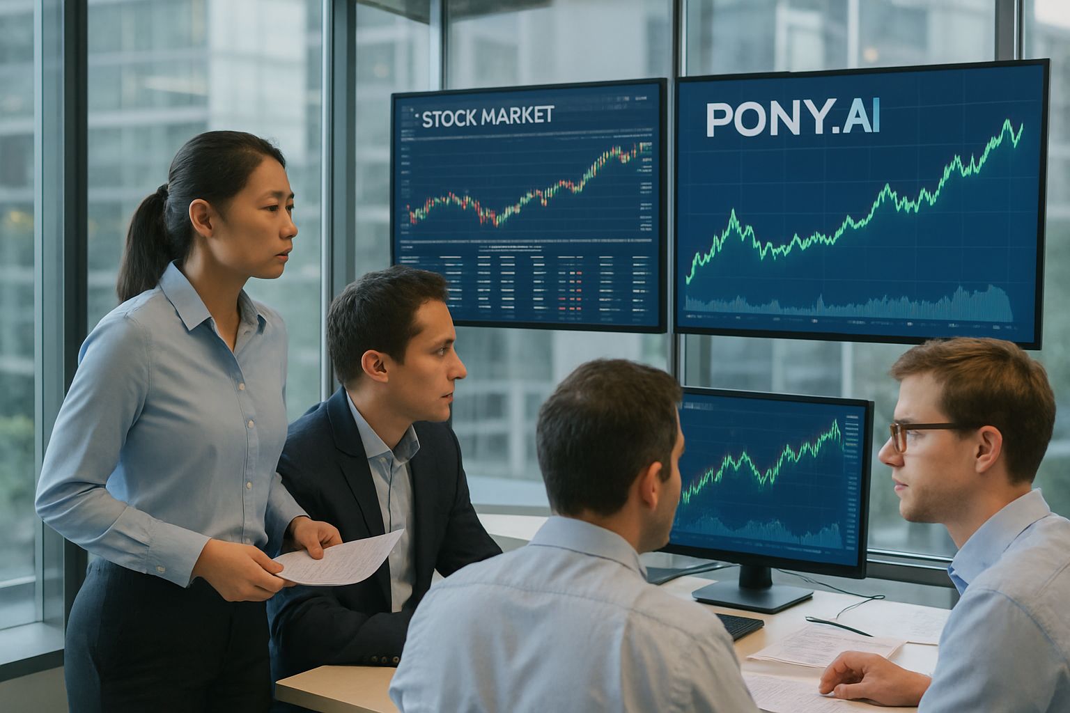 Financial analysts discuss Pony.ai’s impact on Robotaxi Capital Markets in a modern office.