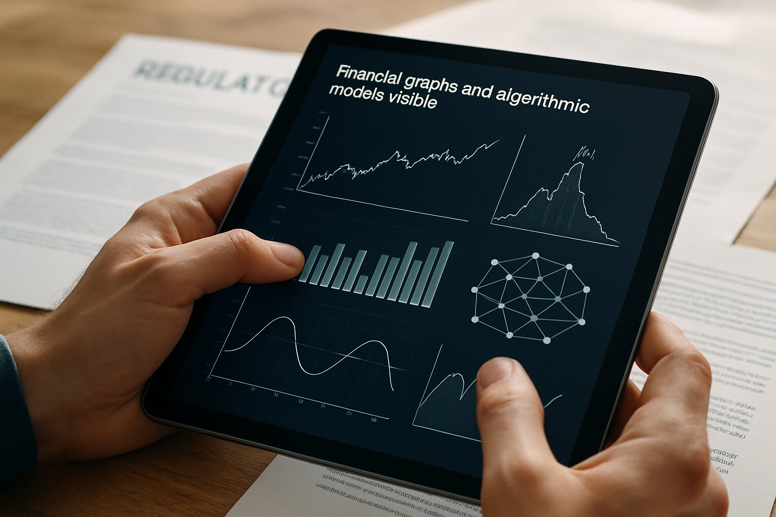 Financial AI Bias shown by hands analyzing algorithms on tablet with regulatory documents.