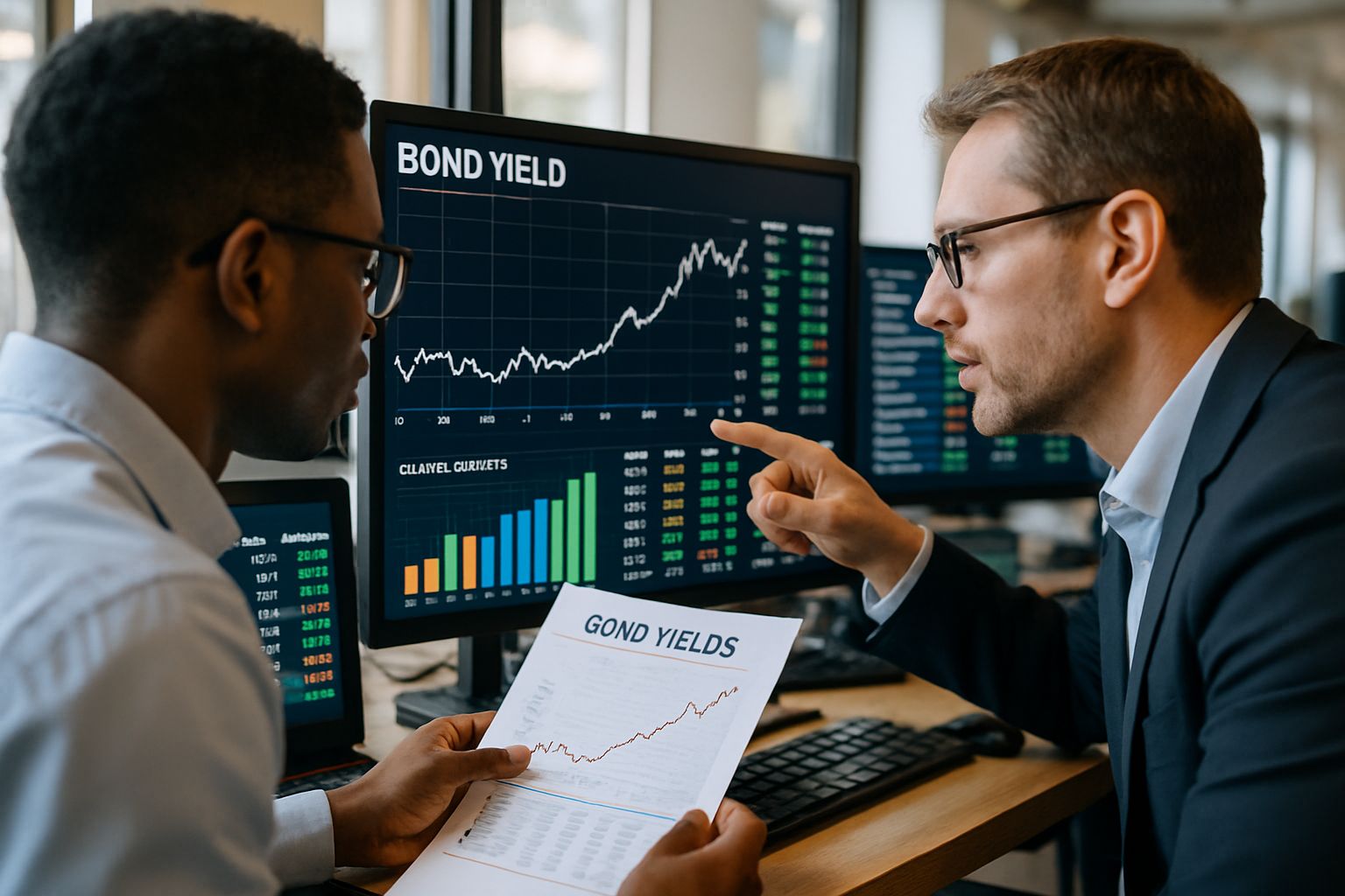 Financial analysts reviewing Capital Markets bond data in a modern office.