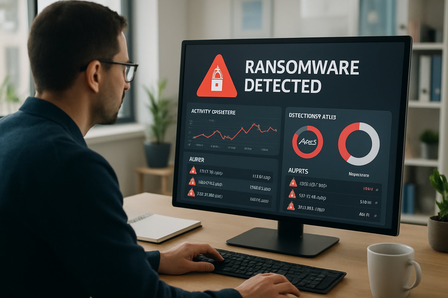 Professional reviewing ransomware detection alerts on IBM FlashCore dashboard.