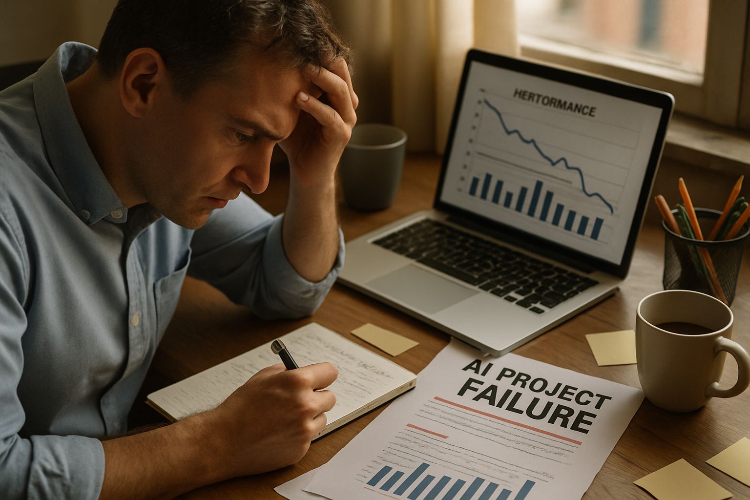 Project manager analyzing AI Project Failure documentation and graphs at their desk.