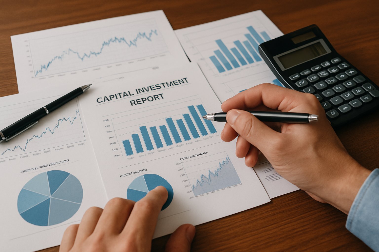 Finance professionals reviewing investment reports and capital charts