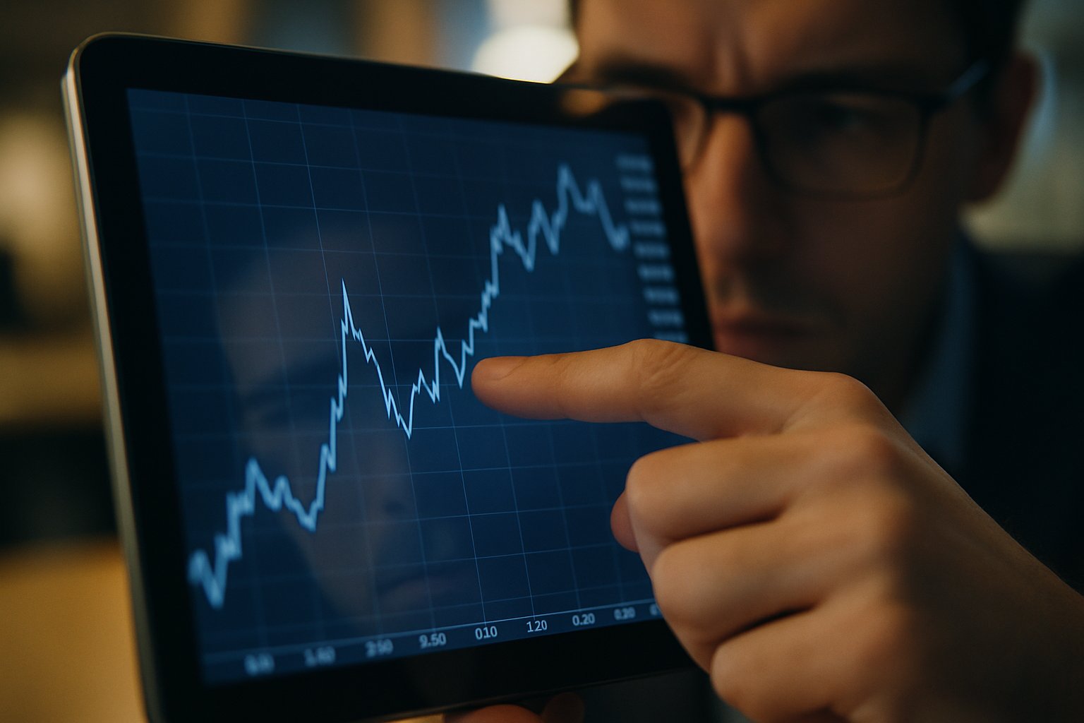 Finance analyst reviews software loan data on a digital tablet.