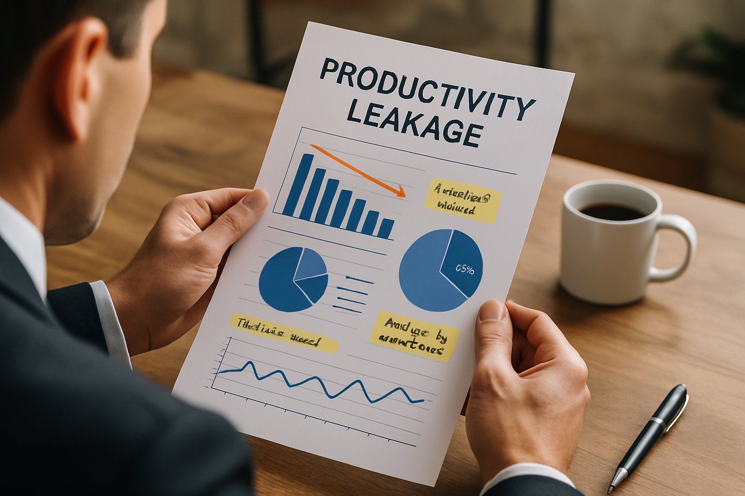 Executive reviewing Productivity Leakage report with enterprise charts and notes