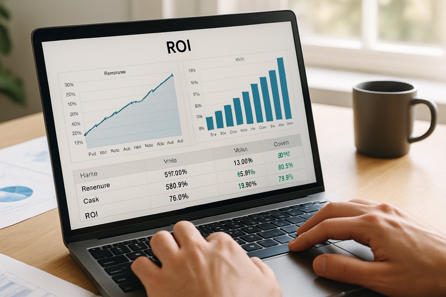 Person analyzing ROI graphs on laptop in authentic office setting.