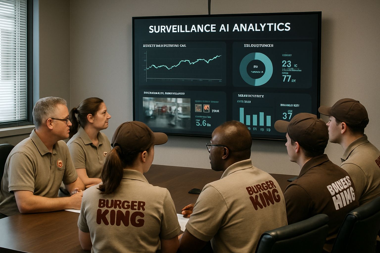 Employee Surveillance AI analytics reviewed by Burger King managers in a conference room.