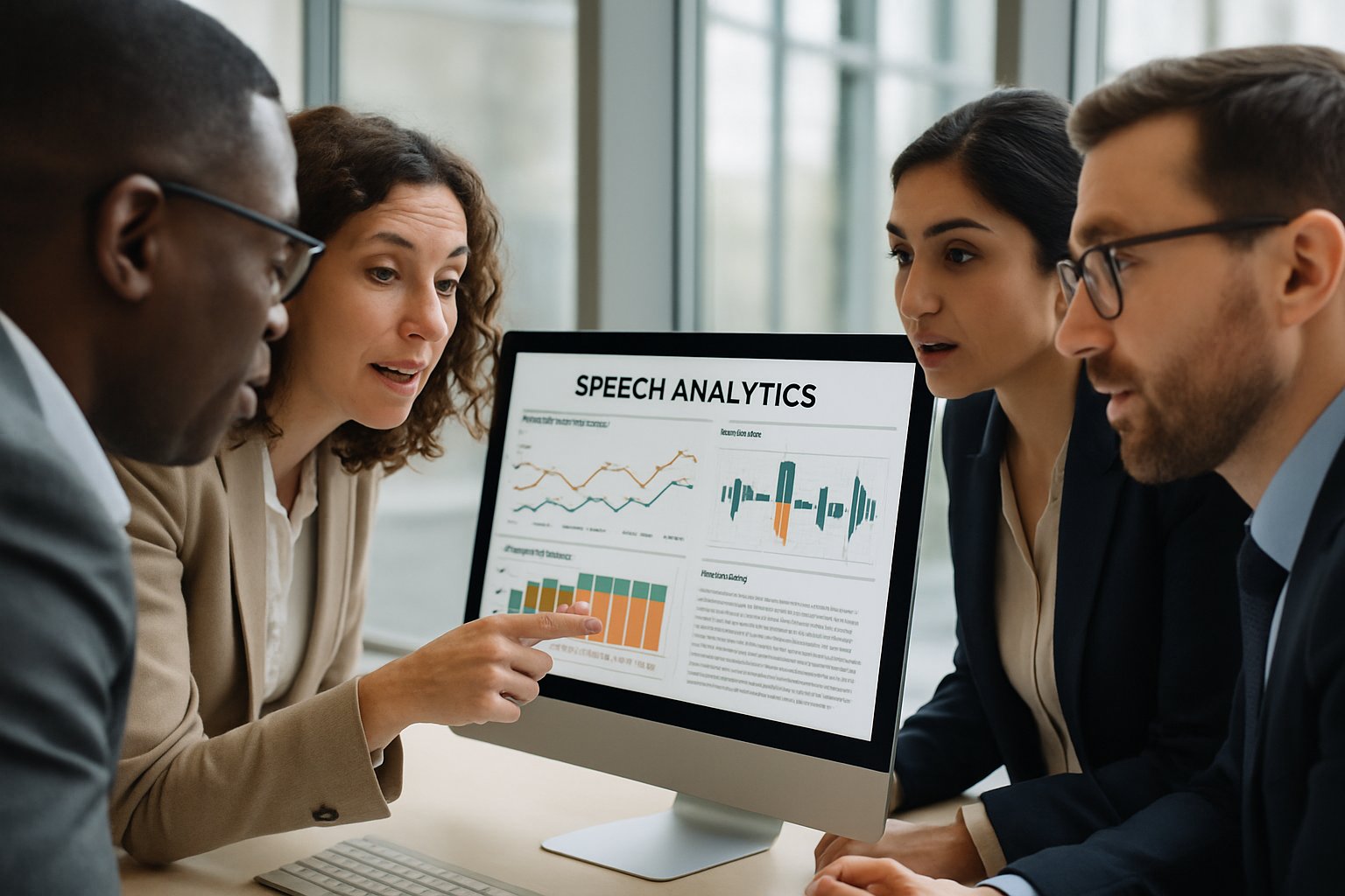 Business team reviews Conversational Intelligence analytics on screen.