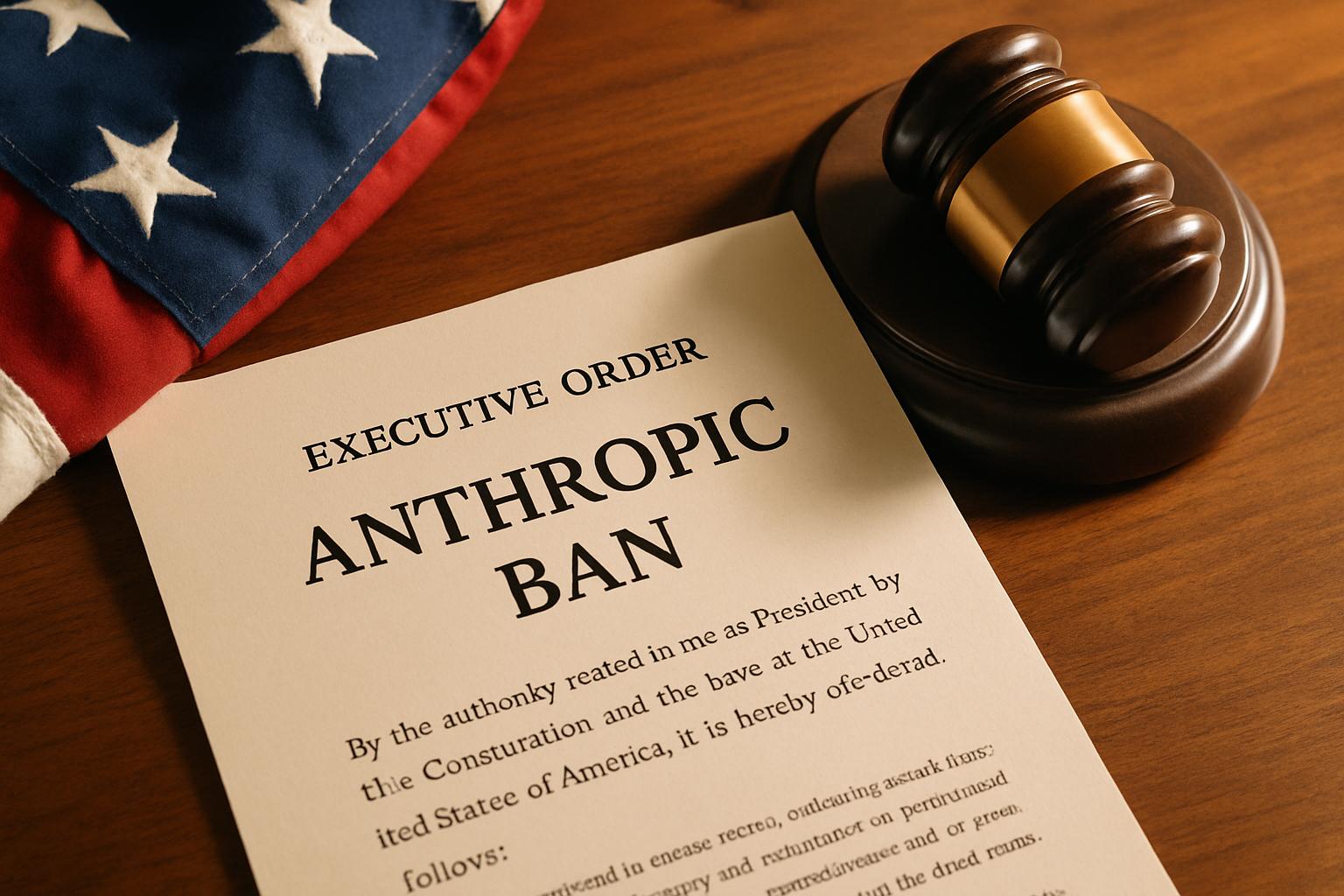 Executive order document for the Anthropic Ban on a desk with legal symbols.