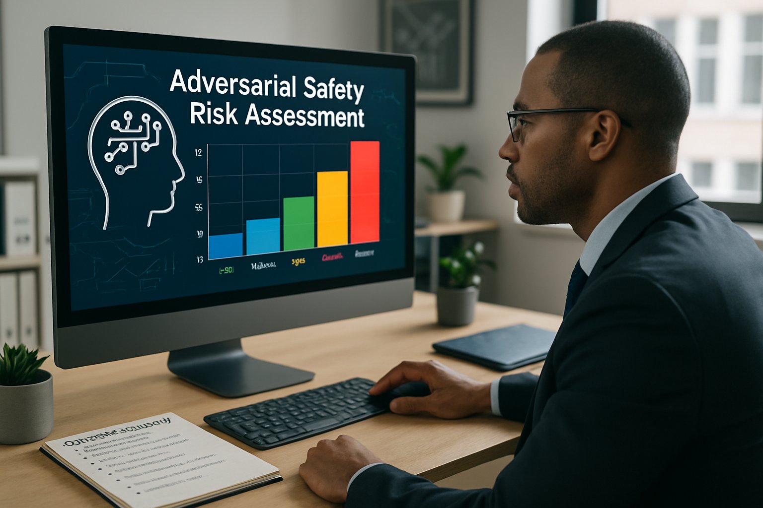 Professional assesses Adversarial Safety risk assessment report on computer screen