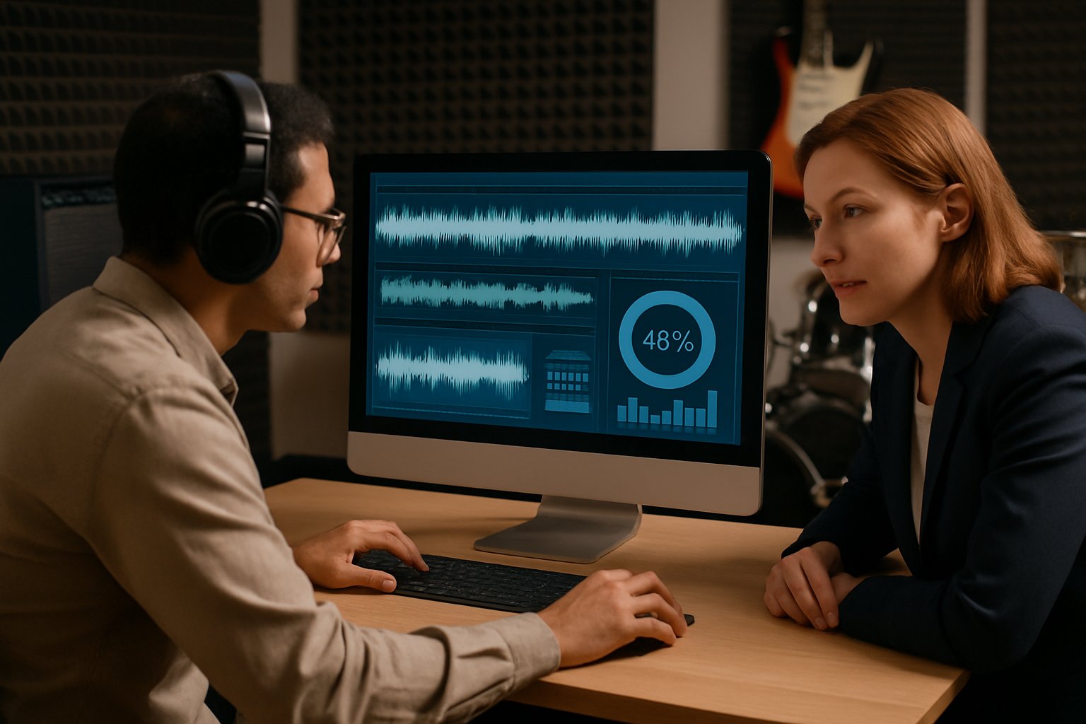 Experts analyzing waveforms to improve AI Design on music platforms.