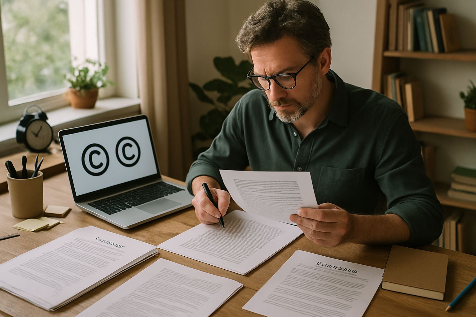 Author reviewing manuscripts related to Copyright Litigation at a realistic workspace.
