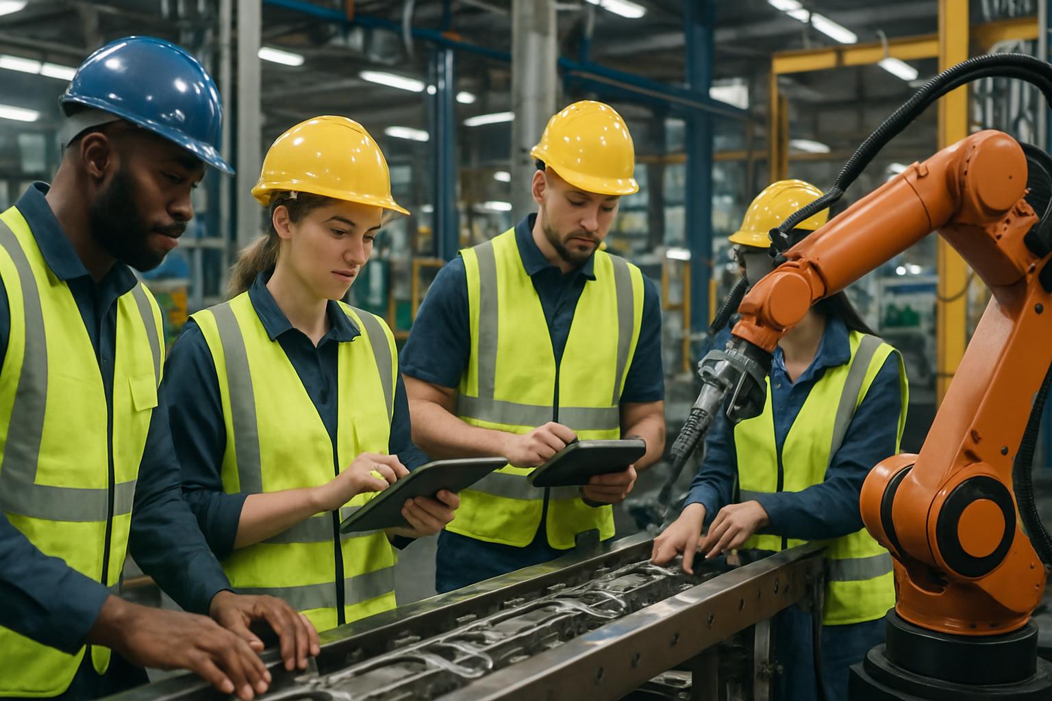 Men and women working with automation in a factory Sociology context