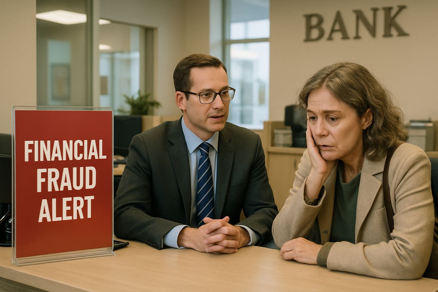 Bank staff discusses AI Finance Fraud risks with a concerned customer.