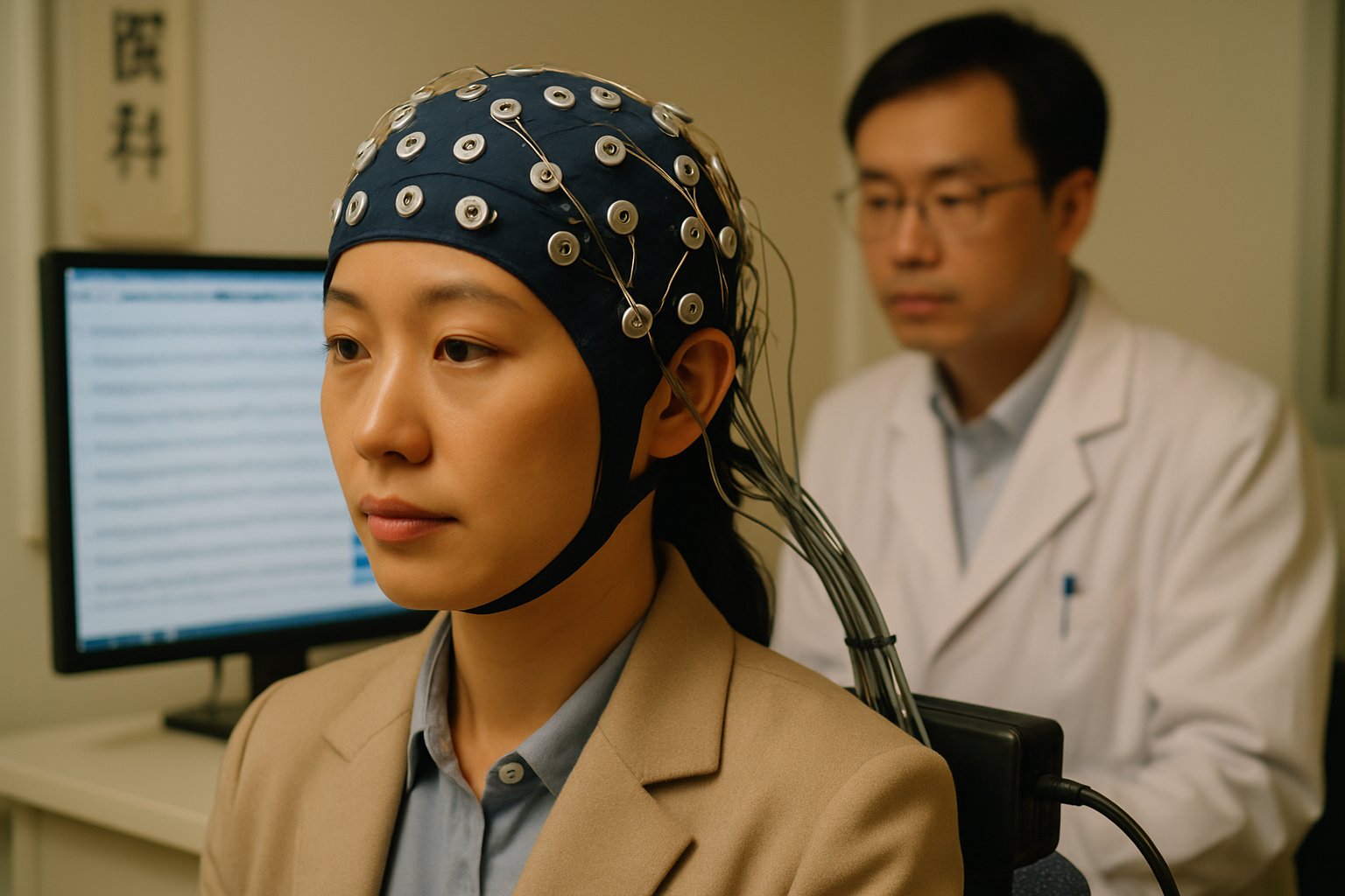 BCI Clinical Trials participant with EEG cap and technician in Chinese hospital.