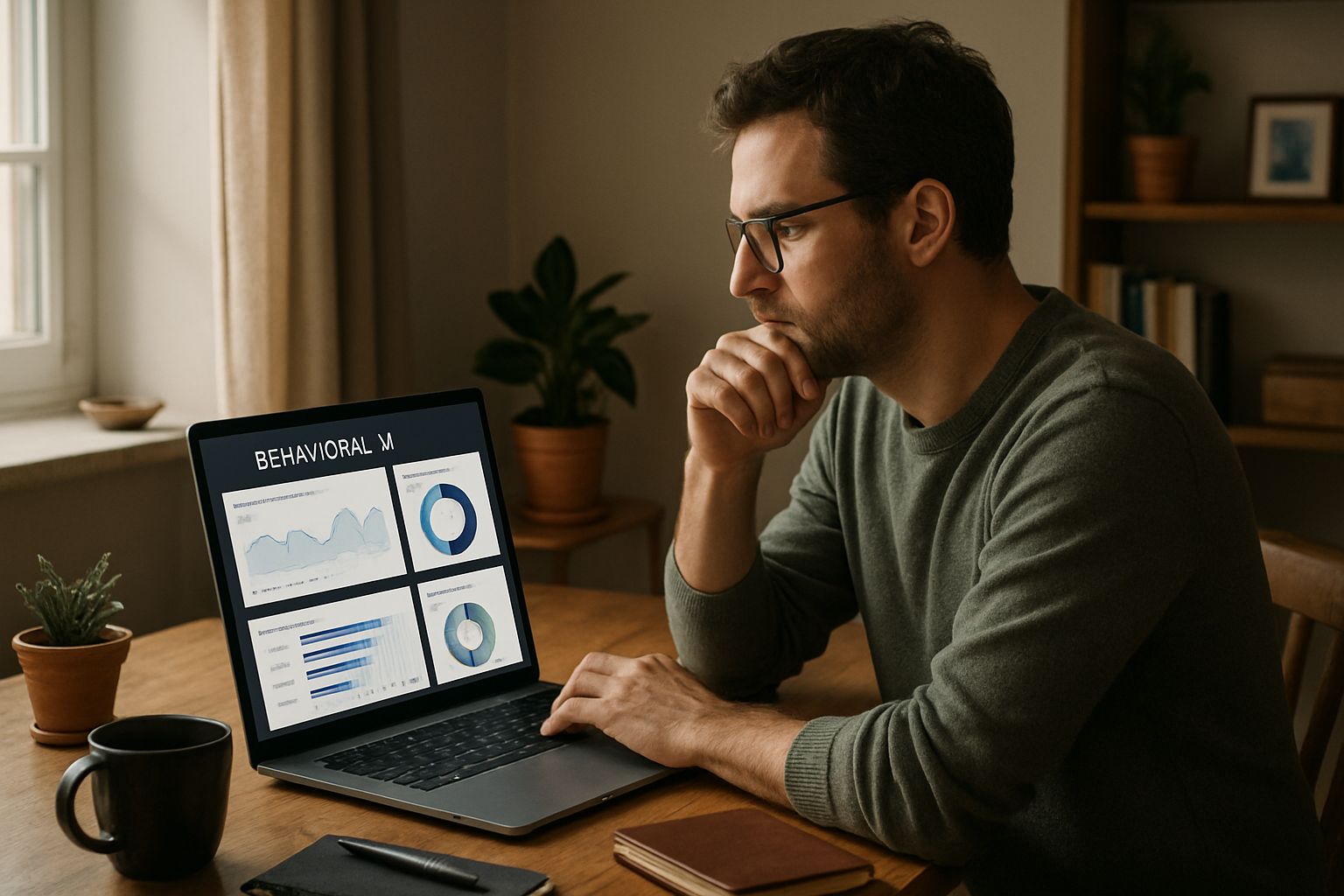 Individual evaluates Behavioral AI dashboard at home workspace